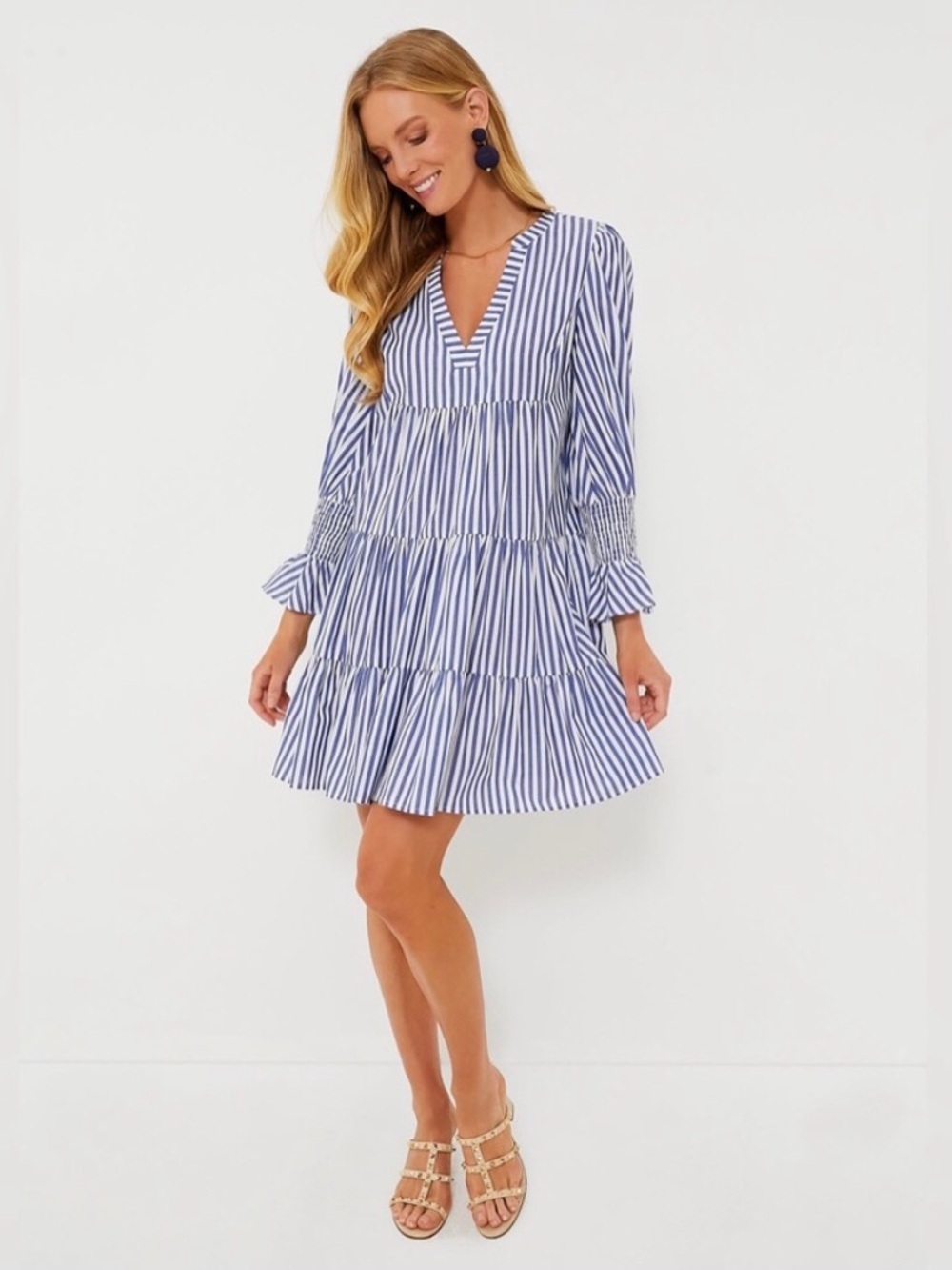 Pomander Place Kenzo Blue and White Stripe Cotton Poplin Tiered Mini Dress - Picture 4 of 13